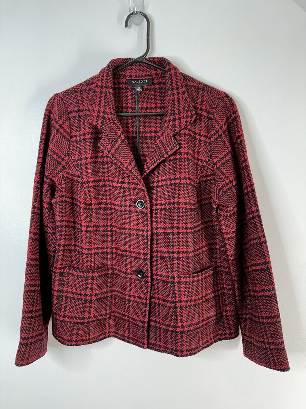 Talbots Black Red Check Plaid Wool Blend Blazer Jacket Women's Size 12